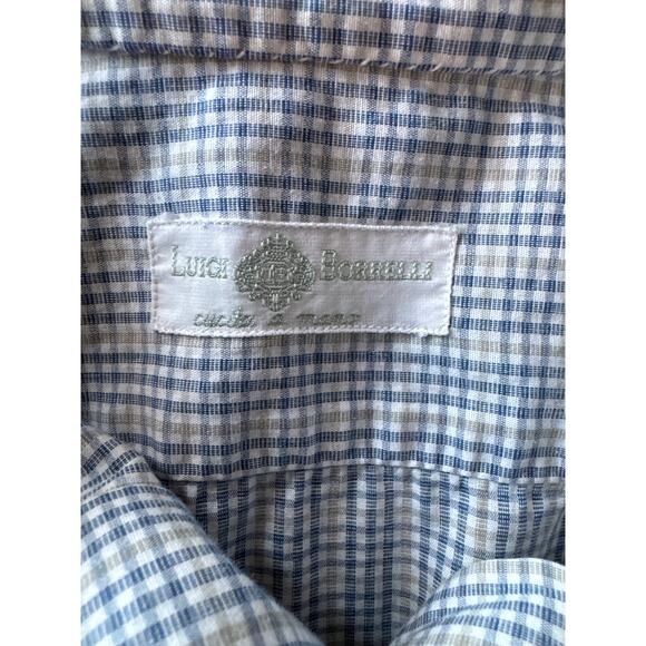 Luigi Borrelli Italian Made 16.5 100% Cotton Blue and Tan Plaid Dress Shirt - Picture 2 of 9